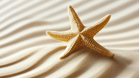 A beautiful starfish rests on soft sand, surrounded by gentle waves in warm sunlight. This tranquil scene captures the essence of a serene beach environment, perfect for relaxation.の素材