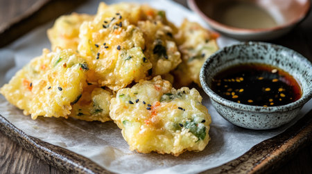 Delight in these crispy vegetable fritters, perfectly fried until golden brown and served with a flavorful dipping sauce in a rustic setting.の素材