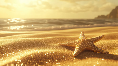 A beautiful starfish rests on golden sand at the beach, illuminated by soft sunset light. Calm ocean waves gently lap the shore, creating a serene atmosphere.の素材