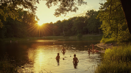 A serene sunset view over a calm lake with people swimming and enjoying the moment. Surrounded by trees and a tranquil atmosphere, this image captures the beauty of nature.の素材