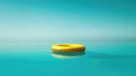 A vibrant yellow swim ring floats peacefully in pristine turquoise waters, surrounded by a serene landscape under a bright clear sky, symbolizing relaxation and summer vibes.の素材