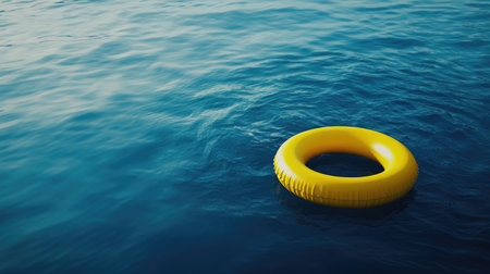 A vibrant yellow lifebuoy floats peacefully on the calm blue water, symbolizing safety and leisure. This image captures the tranquility of a summer day by the water.の素材
