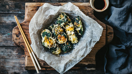 Savory vegetable fritters served on a rustic wooden board with a side of soy sauce. Perfect for appetizers, snacks, or a healthy meal option.の素材