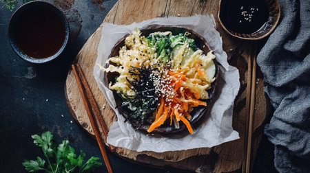 A beautifully arranged vegetable dish showcasing fresh ingredients on a rustic wooden board, ideal for healthy dining and culinary inspirations.の素材
