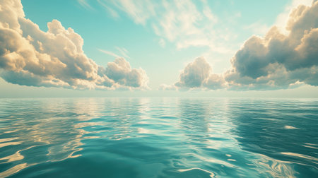 This serene ocean view captures soft clouds drifting across a bright blue sky, reflecting on calm waters, creating a tranquil and beautiful landscape.の素材