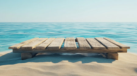 A serene wooden platform sits on soft sand next to a tranquil ocean, creating a peaceful escape for relaxation and contemplation under a clear sky.の素材