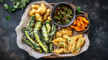 A beautifully arranged platter showcasing a variety of crispy vegetable tempura served with a flavorful dipping sauce. Perfect for sharing.の素材