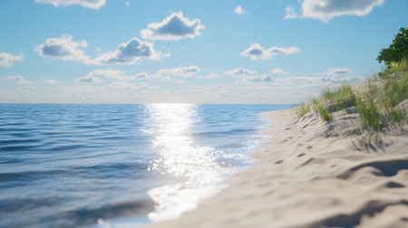 A tranquil beach scene featuring sparkling water, fine sand, and fluffy clouds. The sunlight reflects off the gentle waves, creating a serene atmosphere for relaxation and enjoyment.の素材