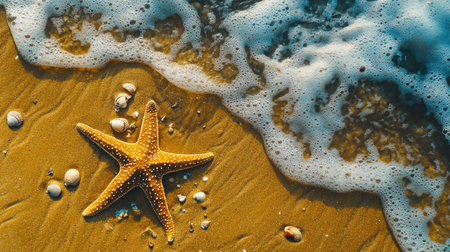 A vibrant starfish rests on the sandy beach, surrounded by various seashells while gentle ocean waves lap at the shore, creating a serene seaside atmosphere.の素材