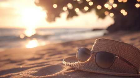 A beautiful summer sunset scene featuring a stylish straw hat and sunglasses resting on warm sandy beach, capturing the essence of relaxation and tranquility.の素材