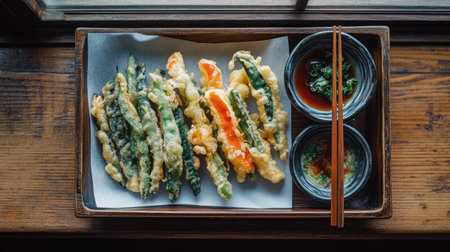 This beautiful image features crispy tempura vegetables arranged on a wooden tray, complemented by dipping sauces and chopsticks, perfect for food lovers.の素材