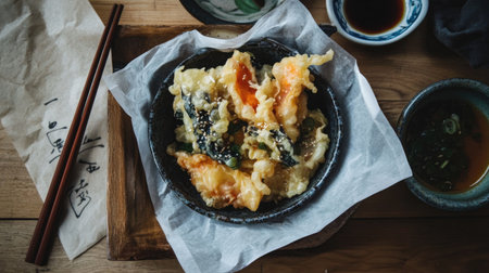 A tempting arrangement of crispy tempura with dipping sauce served on a rustic table, inviting a delightful dining experience filled with flavor.の素材