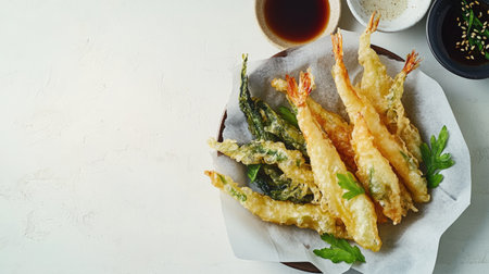Delight in crispy tempura shrimp and vegetables served with dipping sauce. This visually appealing dish offers a fusion of flavors perfect for any occasion.の素材