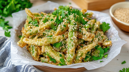 Enjoy a plate of crispy fried green beans, adorned with sesame seeds and fresh herbs. This vibrant dish is perfect as a healthy appetizer or snack option.の素材