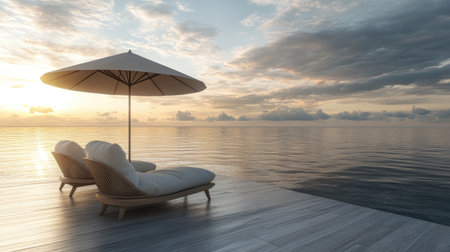 A tranquil scene featuring a lounge chair and umbrella on a wooden deck by the sea at sunset, perfect for relaxation and escape.の素材