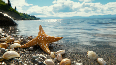 A vibrant starfish rests on a sandy beach, surrounded by various shells. The calm water reflects the sunny sky, creating a serene coastal scene perfect for nature lovers.の素材