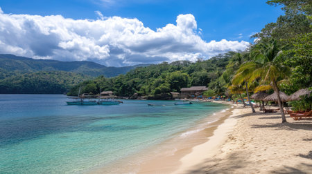 Experience the beauty of a serene tropical beach, surrounded by lush mountains and clear waters. A perfect destination for relaxation and adventure.の素材