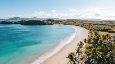 A breathtaking view of a serene tropical beach featuring soft sand, clear blue water, and lush palm trees under a sunny sky, perfect for relaxation.の素材