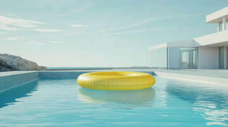 A vibrant yellow inflatable pool float rests in a tranquil modern pool, surrounded by stunning architecture and a serene blue sky, inviting relaxation and leisure.の素材