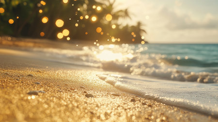 A serene beach scene featuring gentle waves lapping at the shore, with sparkling sunlight reflecting on the water's surface, surrounded by palm trees.の素材
