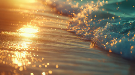 A mesmerizing scene of sparkling ocean waves at sunset, capturing warm golden light reflecting on gentle water ripples, evoking tranquility and peace.の素材