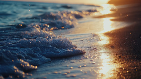 Gentle ocean waves lapping at the sandy shore during a stunning sunset. Soft golden light dances on the water's surface, creating a tranquil atmosphere ideal for relaxation.の素材