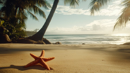 A serene tropical beach scene featuring a vibrant starfish resting on soft sand, framed by swaying palm trees, ocean waves, and a beautiful sunrise.の素材