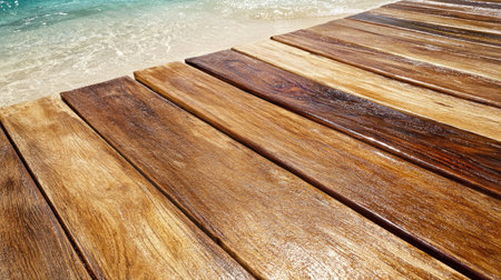 Close-up view of textured wooden planks leading to a tranquil ocean, showcasing natural beauty and inviting relaxation by the beach. Perfect for serene coastal imagery.の素材