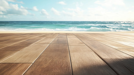 A stunning wooden deck offers a breathtaking view of the tranquil ocean with clear blue skies and soft waves gently lapping at the shore. Perfect for relaxation.の素材