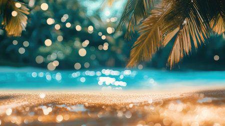 A serene beach scene capturing the essence of relaxation, featuring gentle waves, soft sand, and vibrant palm leaves, all enhanced by mesmerizing bokeh effects.の素材