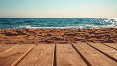 A serene beach scene featuring soft sand and gentle ocean waves. Wooden decking leads to the sparkling water under a clear blue sky, perfect for relaxation.の素材
