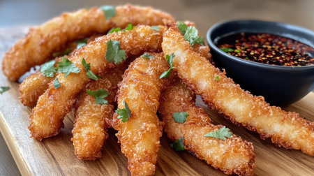 A vibrant arrangement of crispy fried snack sticks garnished with fresh herbs, served with a flavorful dipping sauce on a wooden platter. Perfect for sharing!の素材