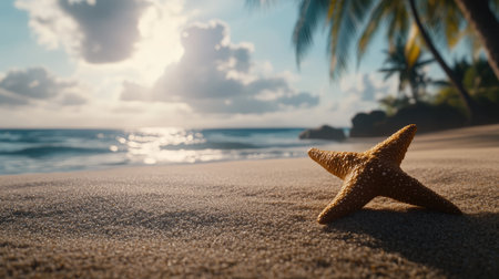 A vibrant starfish rests on golden sand, capturing the essence of a tranquil beach at sunset. The gentle waves and colorful clouds create a serene atmosphere.の素材