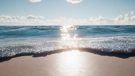 A picturesque view of sparkling ocean waves gently lapping against a sandy beach, bathed in warm sunlight. The calming scene invites relaxation and tranquility.の素材