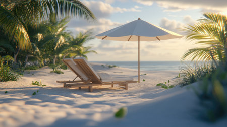 A tranquil beach scene at sunset featuring a lounge chair and umbrella surrounded by palm trees, creating an idyllic setting for relaxation and escape.の素材