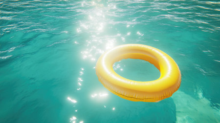 A bright yellow float toy rests peacefully in clear blue water, surrounded by sunlight reflections. Perfect for conveying relaxation and enjoyment in summer.の素材