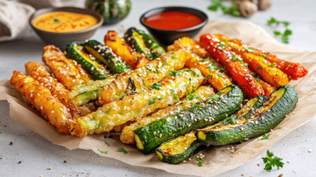 Indulge in a vibrant mix of crispy baked vegetable sticks, featuring zucchini and squash, garnished with sesame seeds, served with flavorful dipping sauces. Perfect for sharing or as a delightful appetizer!の素材