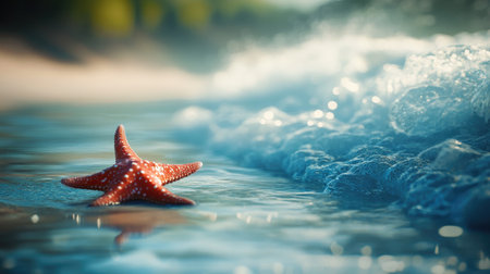 A vibrant red starfish rests on a sandy beach, surrounded by the gentle waves of the ocean. The clear blue water and soft sunlight create a serene coastal scene.の素材