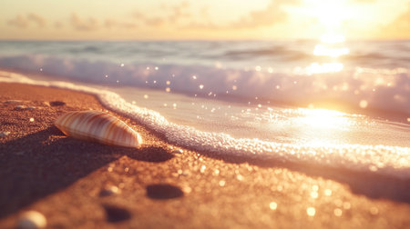 A beautiful beach scene featuring a shell on soft sand with gentle waves sparkling under a warm sunset, creating a tranquil and serene atmosphere perfect for relaxation.の素材