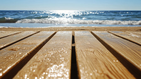 A beautiful view of a calm ocean from a wooden deck, showcasing sunlit waves and a tranquil beach scene. Perfect for summer vacation themes.の素材