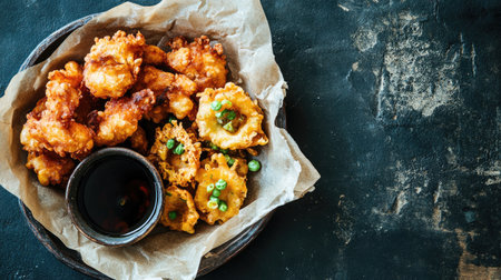 A tempting arrangement of crispy fried snacks served with a dark dipping sauce. Perfect for gatherings, parties, or casual meals, this culinary delight showcases rich textures and flavors.の素材