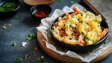 Enjoy a vibrant bowl of shrimp fried rice garnished with aromatic herbs and spices. Perfect for a healthy meal, this dish offers delightful flavors and nutrition.の素材