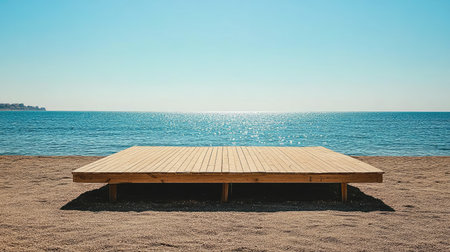 A serene wooden platform rests on the sandy beach, facing a calm ocean under a clear blue sky, inviting relaxation and contemplation in a tranquil setting.の素材