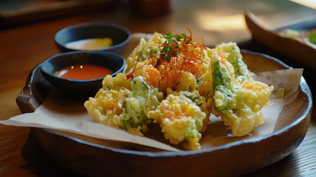 Enjoy a vibrant plate of crispy tempura vegetables served with flavorful dipping sauces, showcasing Japanese culinary art and fresh ingredients.の素材