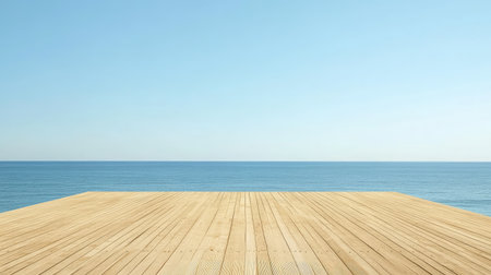 A serene wooden deck extends over the calm ocean, featuring a clear blue sky above. This tranquil scene evokes feelings of peace and relaxation, perfect for a vacation getaway.の素材