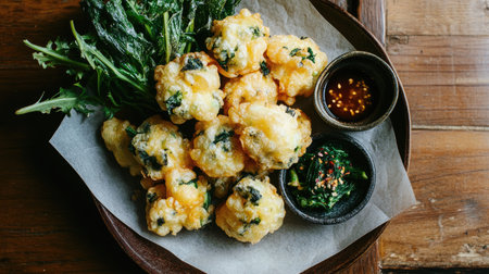 A delicious arrangement of crispy vegetable fritters served with two flavorful dipping sauces. Ideal for sharing at gatherings or enjoying as a snack.の素材