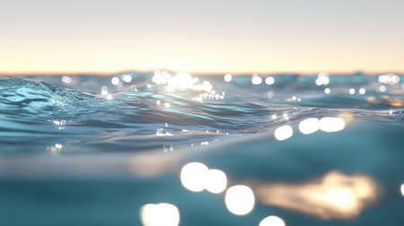 Captivating view of a shimmering water surface at sunset, showcasing gentle waves and reflections in a serene blue tone. Perfect for nature themes.の素材