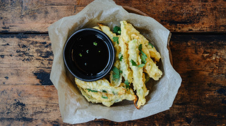 A bowl of crispy vegetable fritters drizzled with soy sauce and garnished with fresh herbs, perfect for a tasty snack or appetizer.の素材