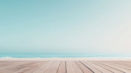 A peaceful seaside view featuring a wooden deck extending towards the ocean, creating a serene atmosphere perfect for relaxation and reflection.の素材
