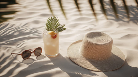A refreshing cocktail in a glass sits next to stylish sunglasses and a straw hat on soft sandy beach. Perfect for vacations and summer relaxation moments.の素材